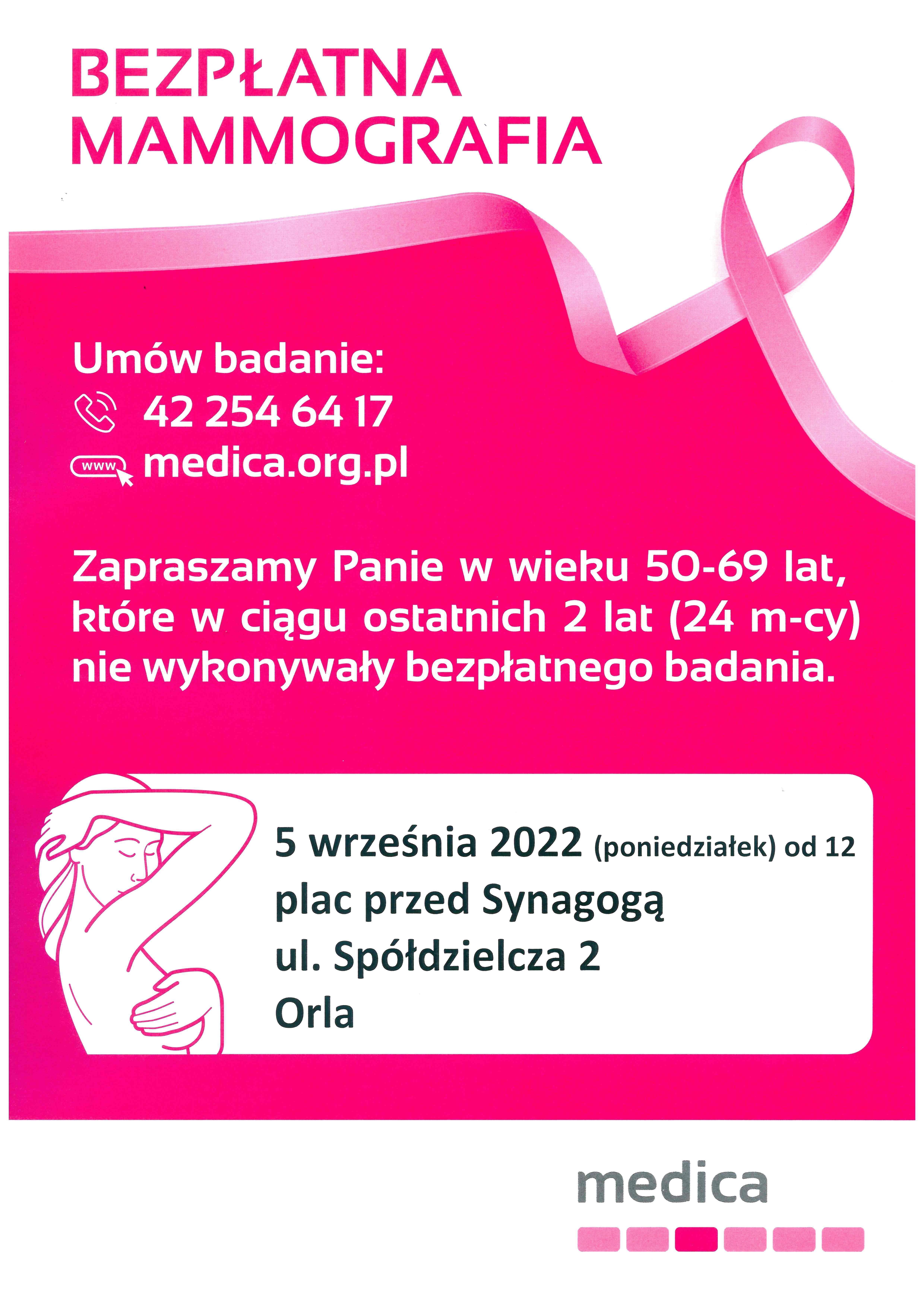 Bezpłatna mammografia 5 września na placu przed synagogą zapisy na stronie medica.org.pl lub telefonicznie 42 254 64 17