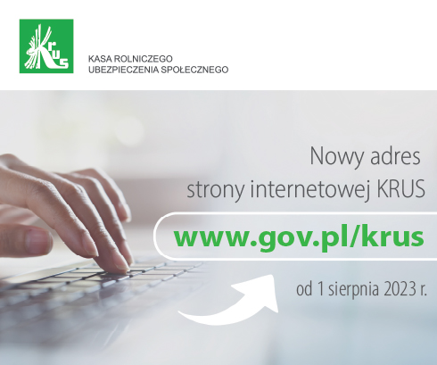 ręka pisząca na klawiatórze, po prawej napis Nowa strona internetowa krus www.gov.pl/krus od 1 sierpnia 2023